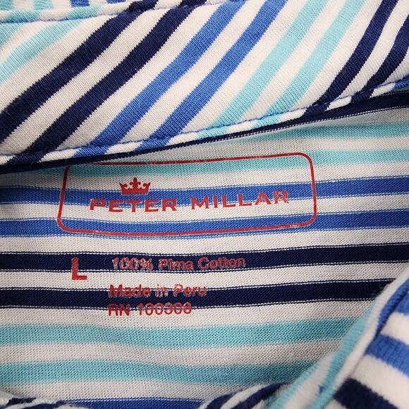 Peter Millar Polo Shirt Mens Large Blue Striped Performance Pima Golf Pocket - Picture 2 of 14
